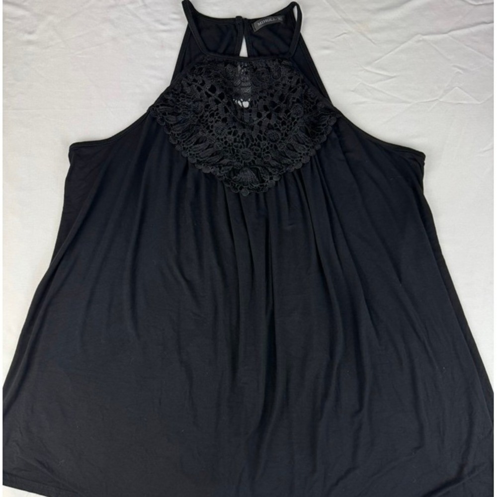 MIHOLL Halter Tank Top Womens XL Black Excellent Lace Crochet Bib Pleated Flowy